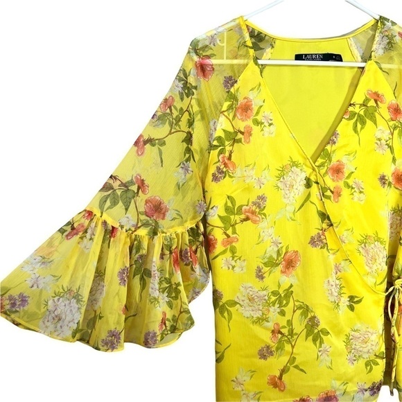 Lauren Ralph Lauren Floral Georgette Chiffon Wrap Bell Sleeve Blouse Size Small - Picture 7 of 17